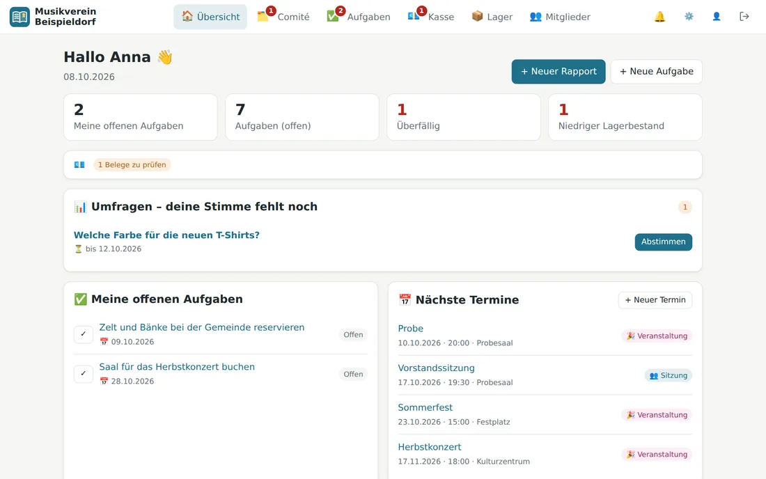 Vereins-App am Computer: Übersicht mit Aufgaben und Terminen des Vereins